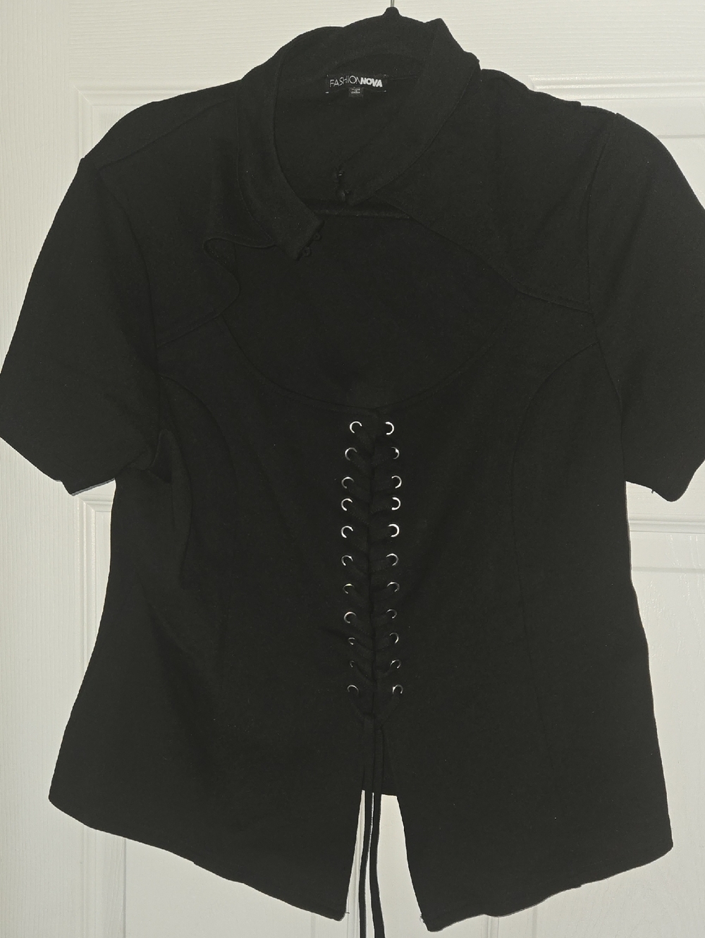 Fashion Nova Black Short Sleeve Lace-Up Front Top